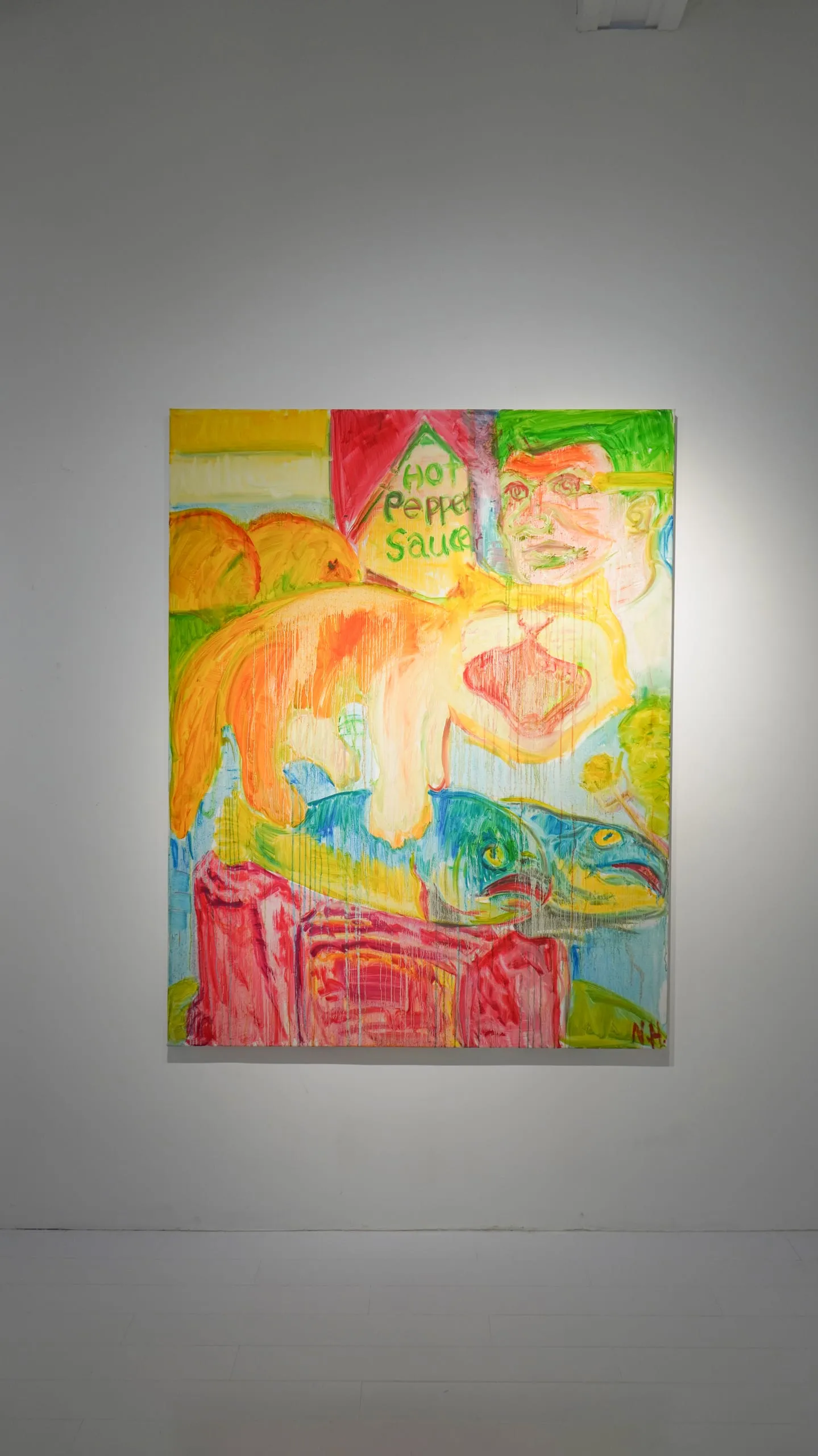 A pale orange figure lounging above two fish, the words "no pepper sauce" lettered into a red banner.