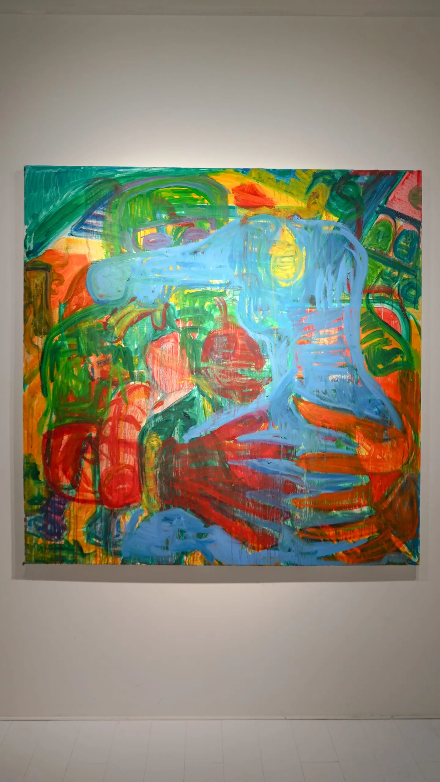 A reclining blue figure dissolving into orange and green, a large red hand reaching across the canvas.